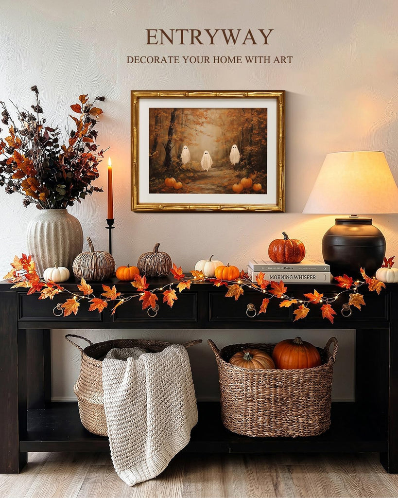 Gold Bamboo Framed Fall Wall Art, Autumn Halloween Ghosts, 11x14in