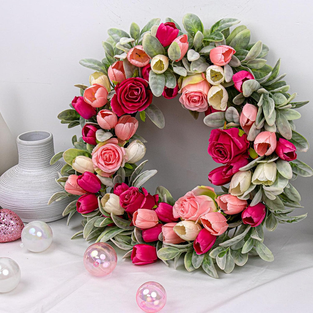 20 Inches Farmhouse Valentines Wreath Modern Valentine Flower Wreath Rocco Valentines Day Door Wreaths with Red Pink