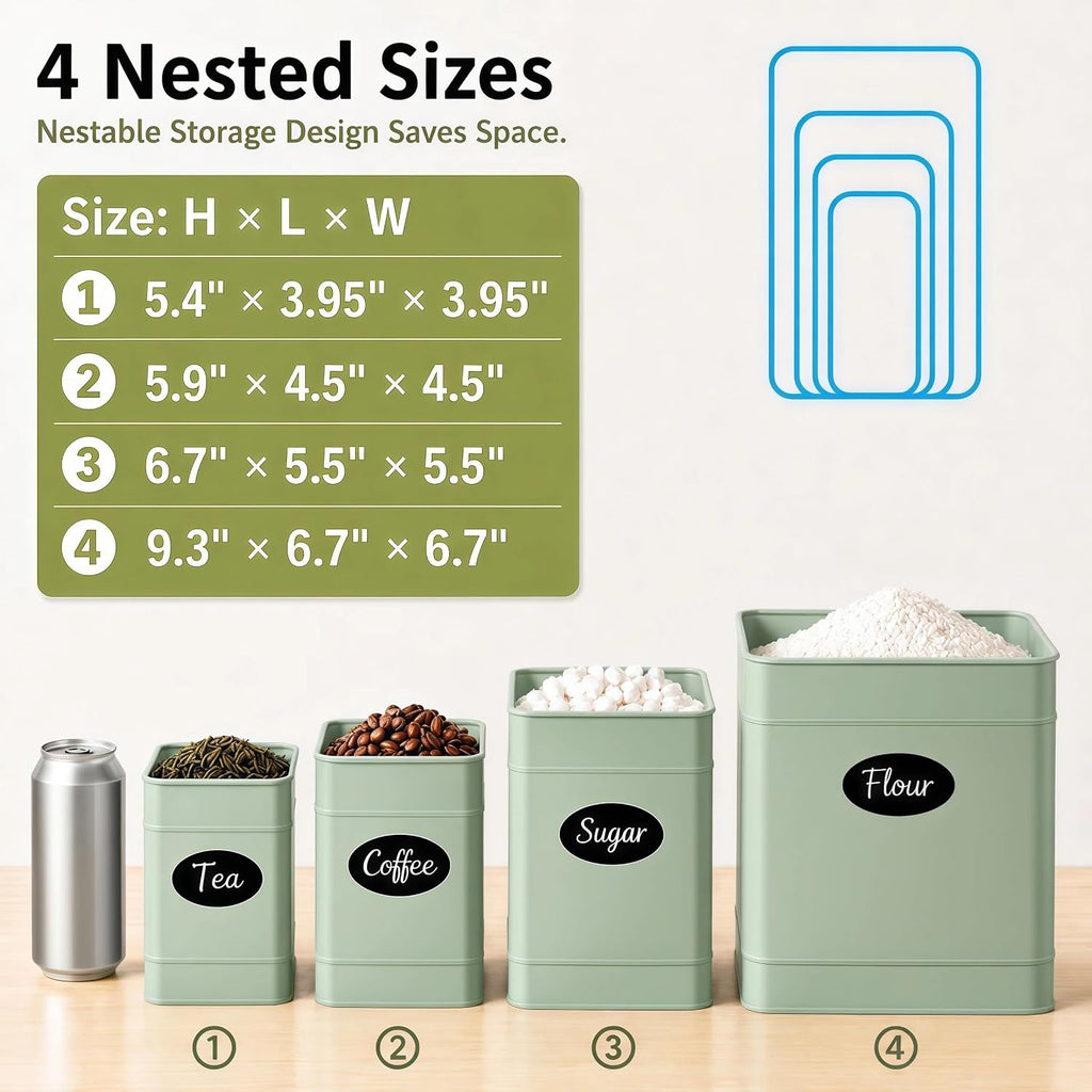 Canister Set Countertop, 4 Airtight Metal Canisters Sage Green - Set of 4