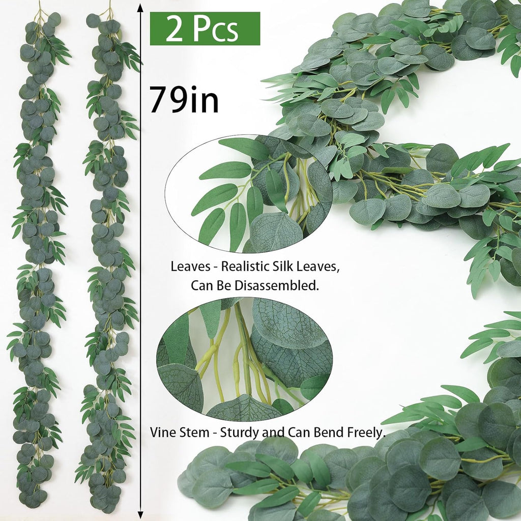Strands Artificial Vines Eucalyptus Garland 79" Fake Vine with Silk Green Leaves Faux Hanging Plants Greenery - Set of 2