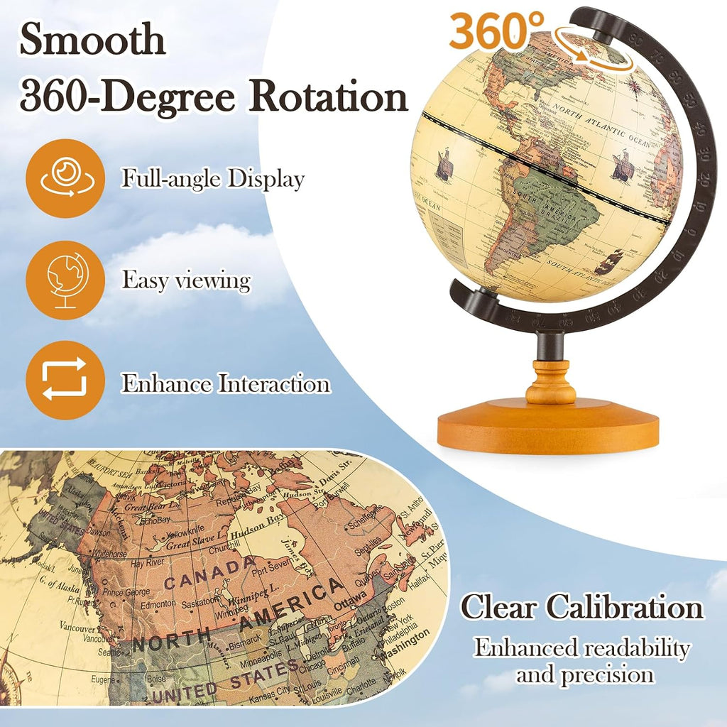6" World Globe, Mini Antique Globe with Metal Stand, Non-slip Wooden Base & Geographic Markings, Decorative Desktop