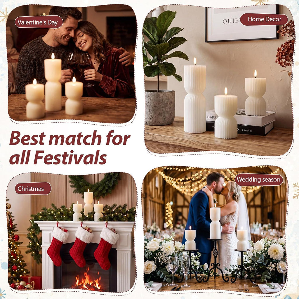 Flameless LED Candles Hourglass Remote Timer Wax,Ivory White - Set of 3