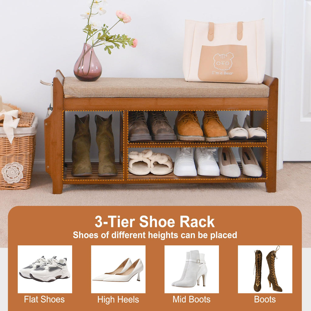Shoe Bench with Hidden Drawer and Side Holder, 2 Tier Entryway Bench with Storage 39.4 in, Bamboo Shoe Rack with