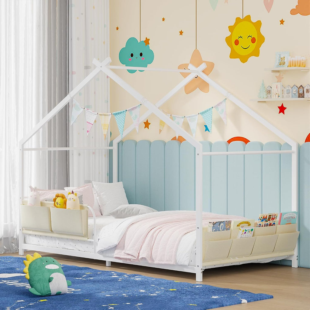 House Shape Twin Size Montessori House Bed Metal Floor Bed with Caddy | Twin Bedframe for Kids No Box Spring Needed
