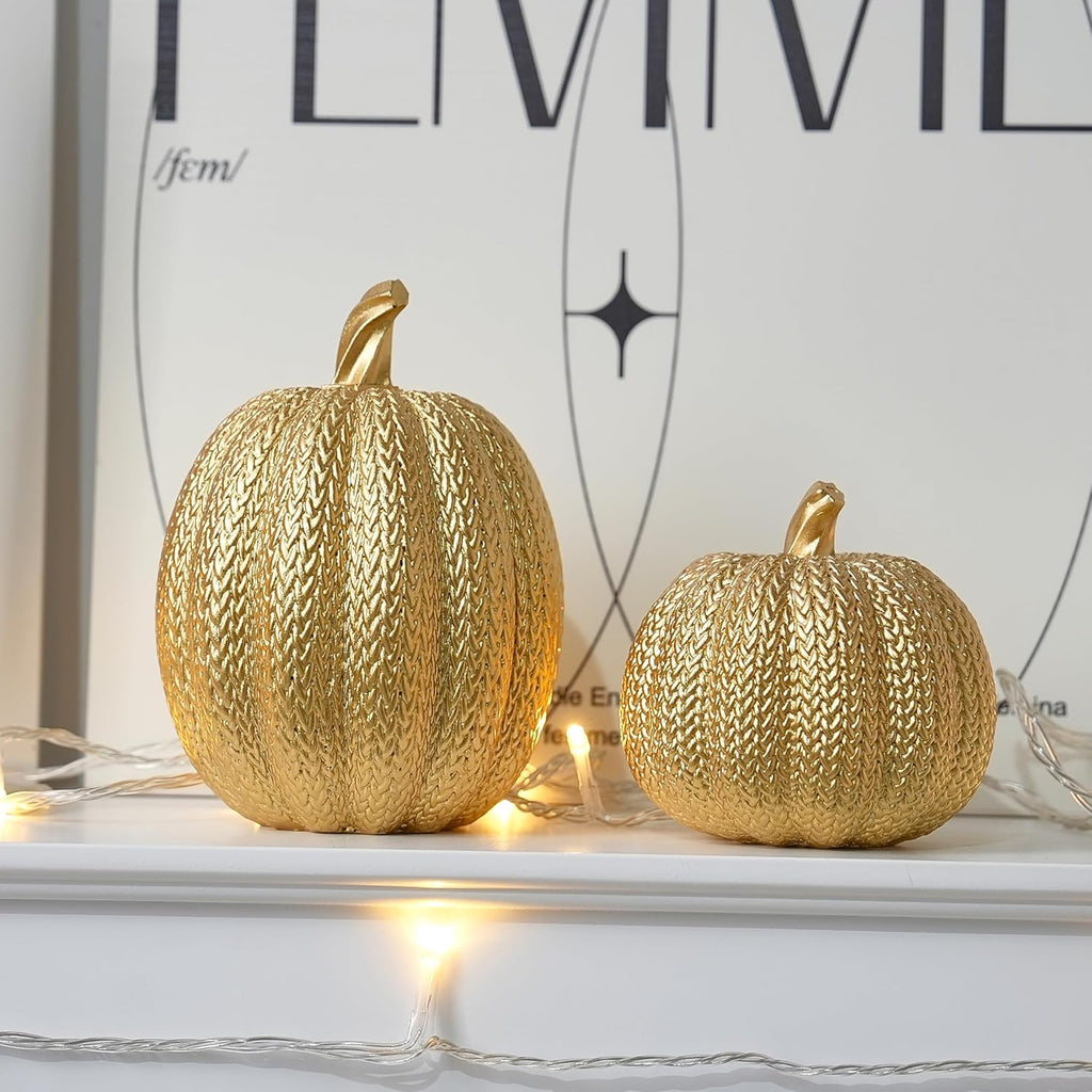 Pumpkin Fall Decor Indoor, Resin Gold Pumpkin for Decorating - Set of 2
