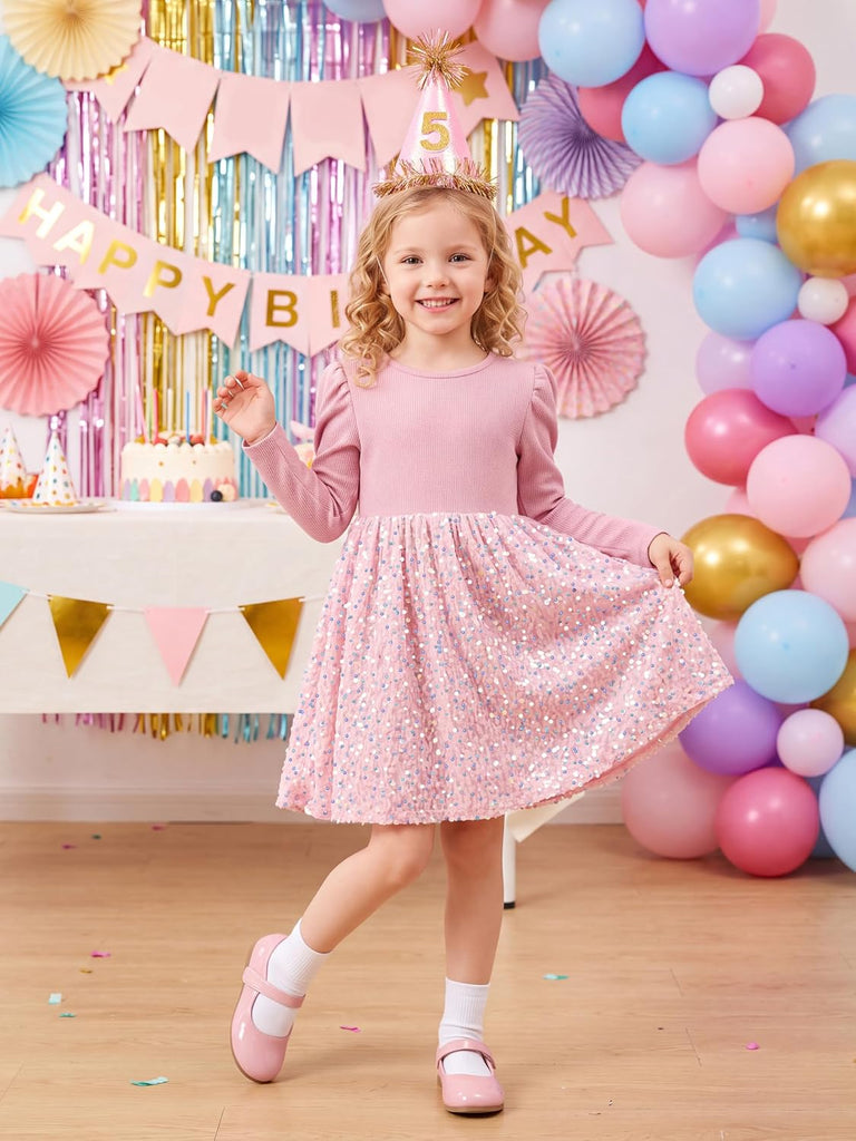Girls Sequin A-Line Long Sleeve Dress for Birthday Party