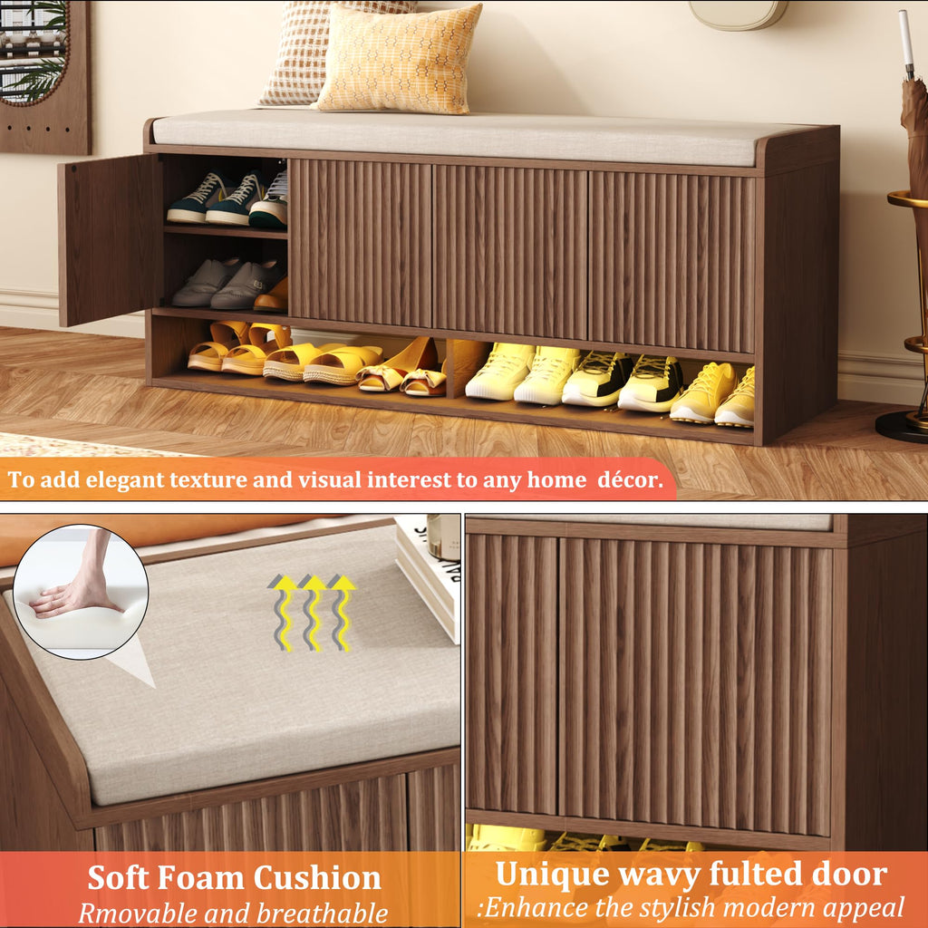 47.2" Fluted Shoe Storage Bench, Entryway Bench with Linen Seat Cushion, Shoe Cabinet Bench with Adjustable Shelf and