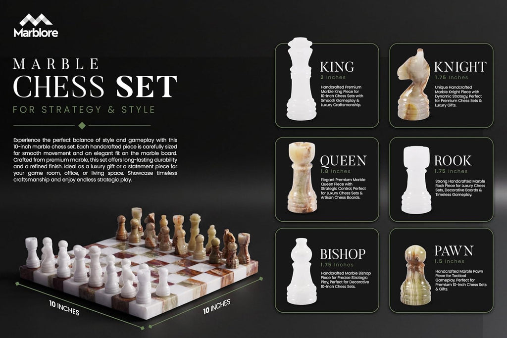 Marble Chess Set for Adults 10 Inch Handmade White and Green Luxury Decorative Chess Board with 32 Chess Pieces & 2 - Set of 34