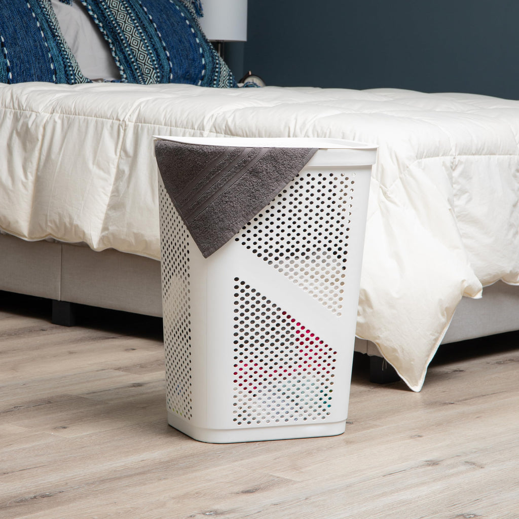 Slim Laundry Hamper with Lid, 60L Clothes Basket, Ventilated Plastic, White