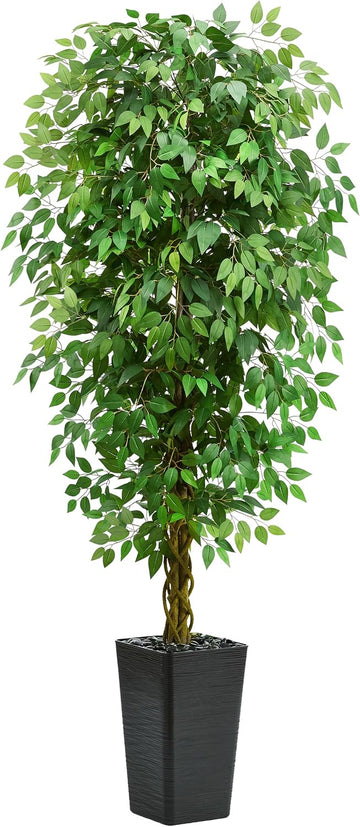 7FT Artificial Ficus Tree, 84 Inch Realistic Faux Silk Ficus Floor Plant with Black Planter & Pebbles, Tall Fake