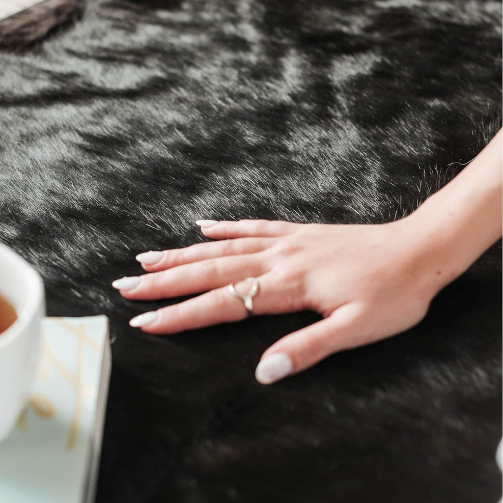 Premium 100% Genuine Cowhide Rug (4-5 Ft) Hand-Picked Solid Black Leather Area Rug, Cozy, Unique, and Durable - from