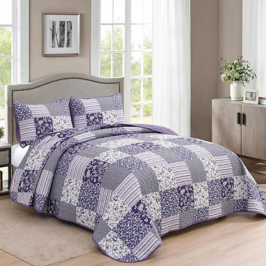 Quilt Set Queen,3 Pieces Boho Floral Plaid Bedspread Coverlet Set for All Season,Patchwork Reversible Bedding Set