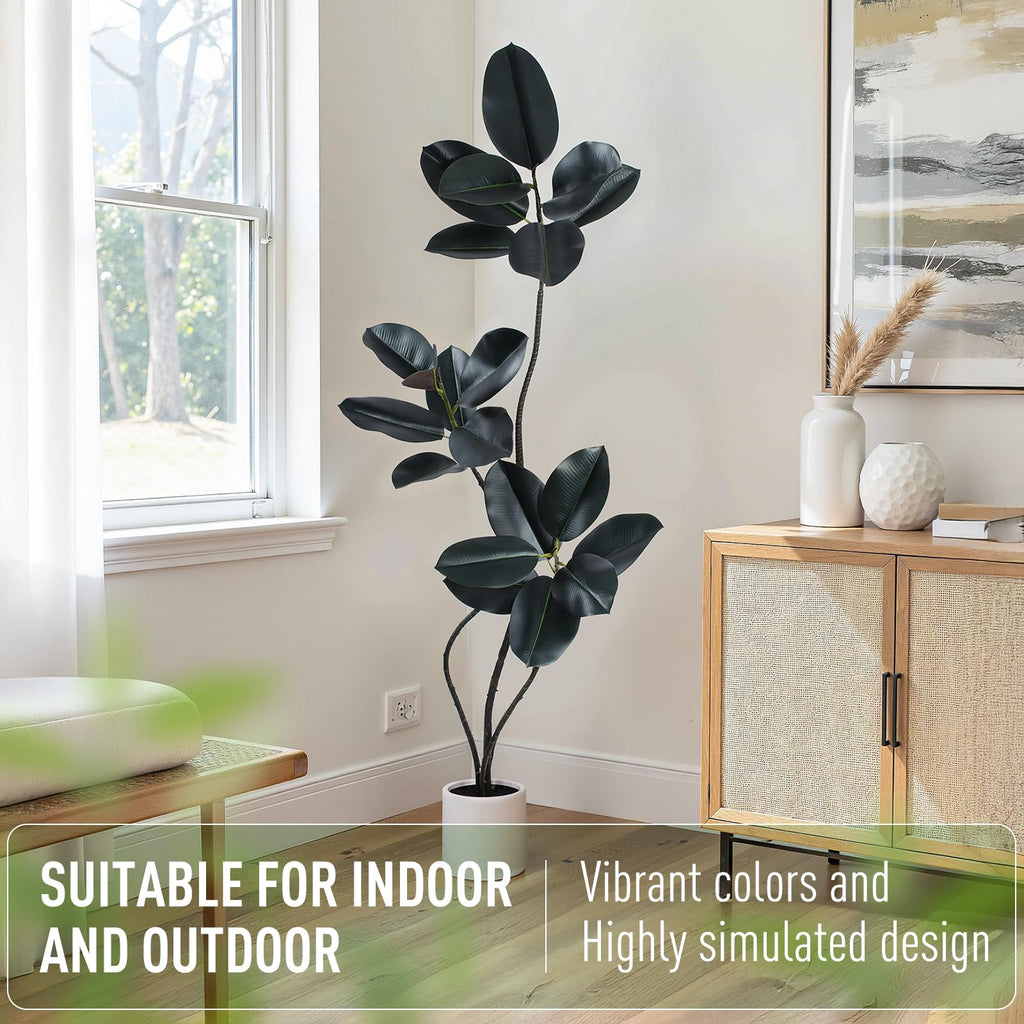 Artificial Rubber Tree Plant -5FT Faux Plants Indoor with Planter, Tall Fake Trees Lifelike Branches & Foliage, Large