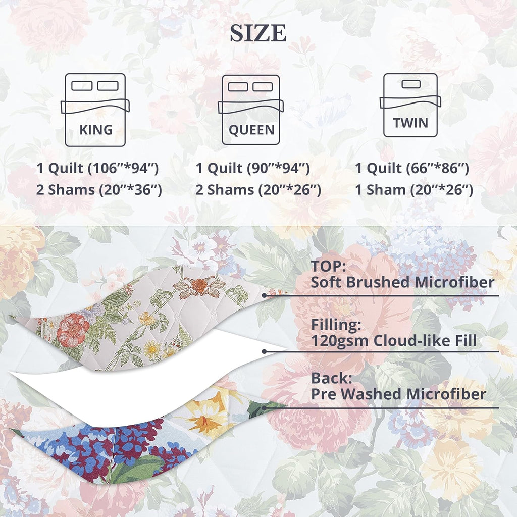Floral Quilt Set Queen, 3 Piece Reversible Lightweight Soft Bedspread Coverlet, Garden Farmhouse Botanical Diamond