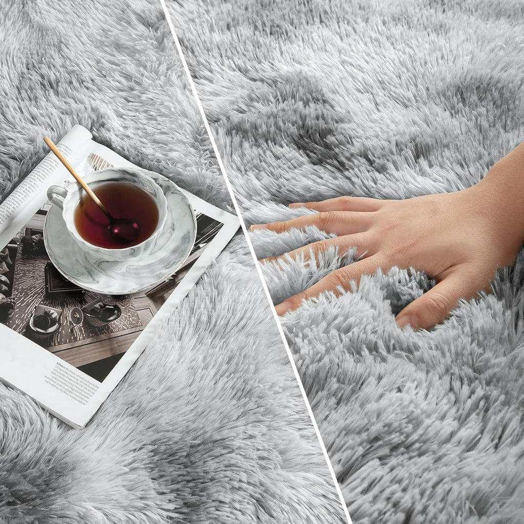 Large Shag Area Rugs 5 x 8, Tie-Dyed Plush Fuzzy Rugs, Light Grey