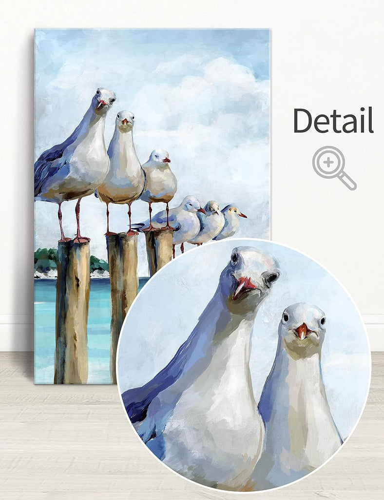 Coastal Seagull Canvas Wall Art , Teal Ocean Beach Sea Birds Canvas Print, Nautical Decor Bedroom Living Room, Ready