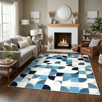 Washable Area Rug Geometric Style Modern Rugs, Blue Checkered Rug Soft Low Pile Lightweight Rugs Indoor Non Slip