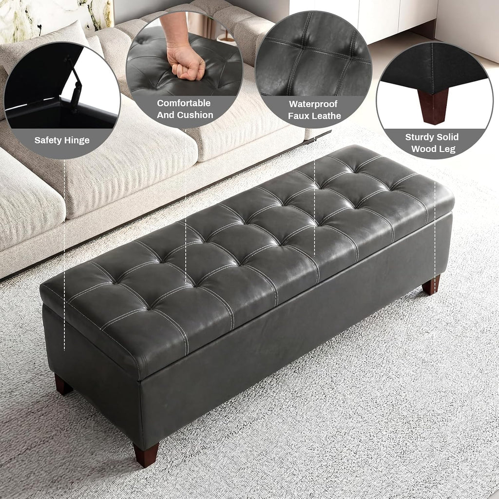 Ottoman with Storage 51" Faux Leather Storage Ottoman Bench | Upholstered Ottomans with Hinged Lid, Rectangle Long