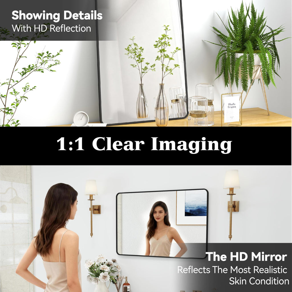 30x20 Bathroom Mirror Rect Wall Mounted Aluminum Metal Frame Black