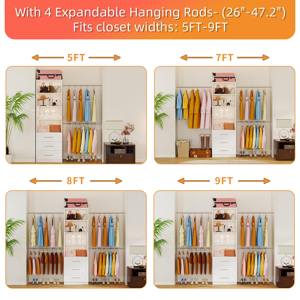 Closet System with Drawers, 4FT-9FT Modular Closet Organizer System with 4 Expandable Hanging Rods Adjustable Wooden