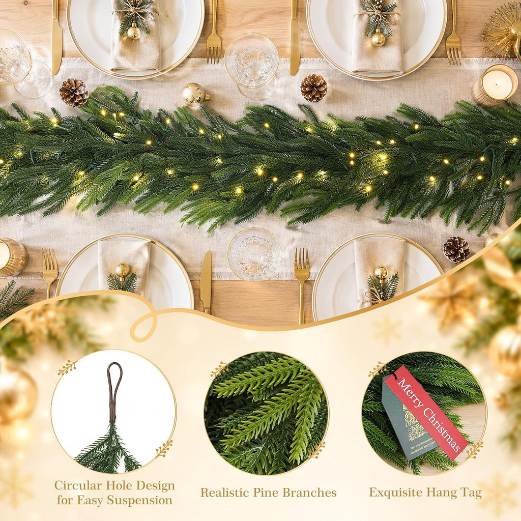 9FT Christmas Norfolk Pine Pre-Lit Garland with 70 LED Lights Real Touch Prelit Garland Christmas Greenery Garlands