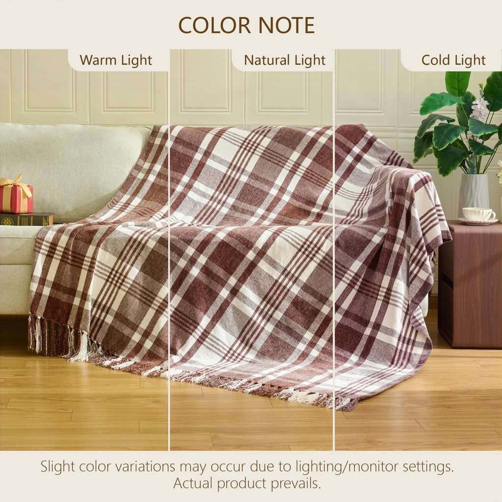 Chenille Throw Blanket Knotted Tassels 50x60, Dark Brown Plaid