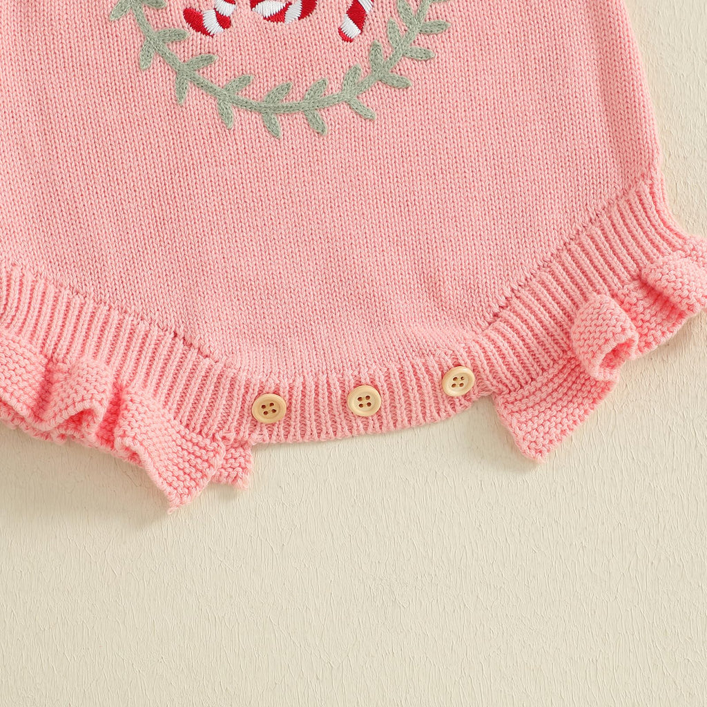 Newborn Christmas Sweater Romper Infant Baby Girl Crochet Knit Sweaters Rompers Embroidery Outfit Xmas Bodysuit Pink