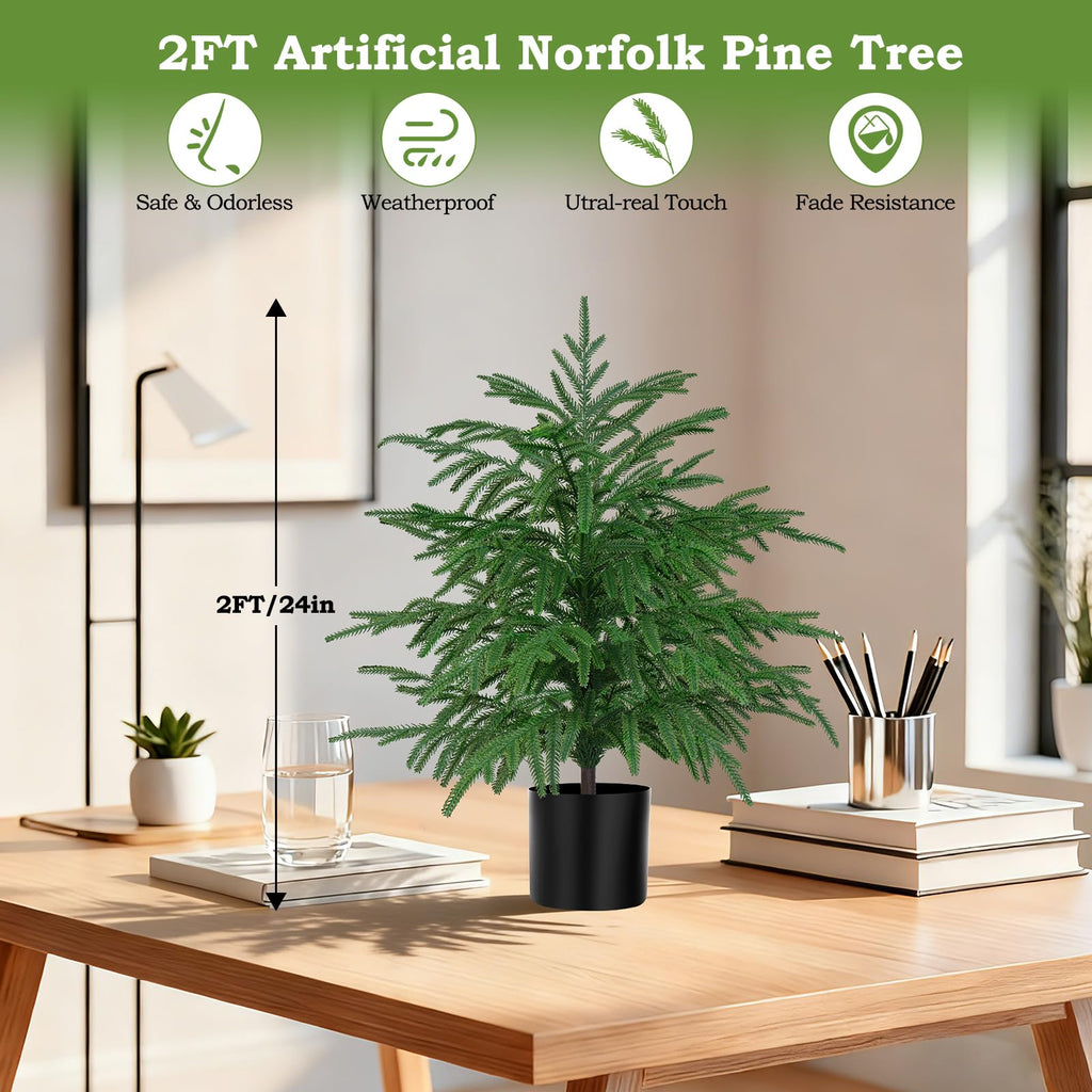 2PCS Faux Norfolk Pine Topiary Trees with Pot, 2FT UV-Anti Decor