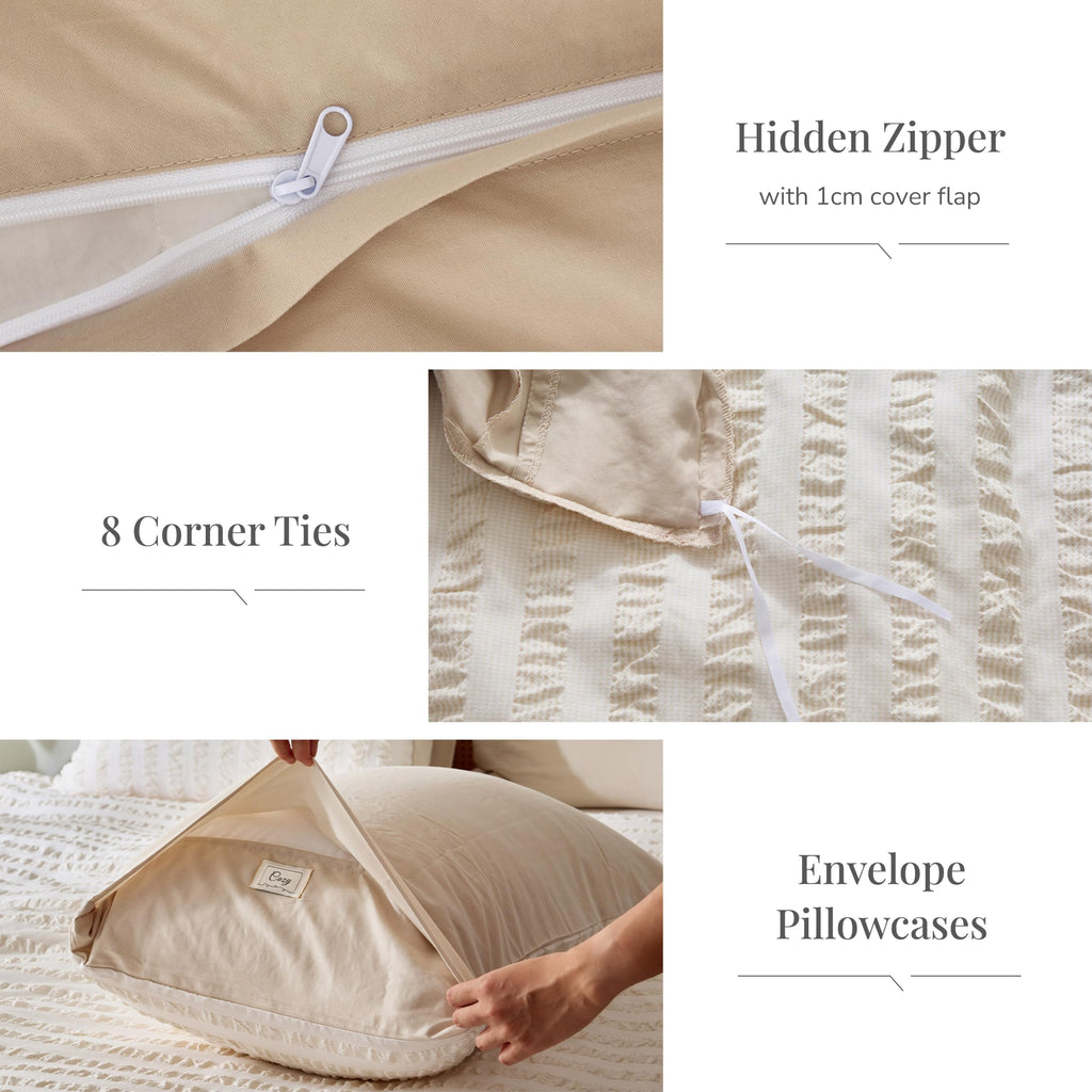 Seersucker Duvet Cover 3 Pieces Cream Gray