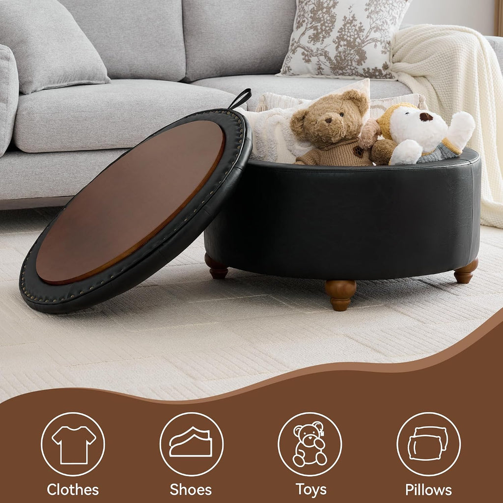 30Inch Round Storage Ottoman with Tray, Modern Tufted Leather Circle Coffee Table with Storage, Upholstered Ottoman