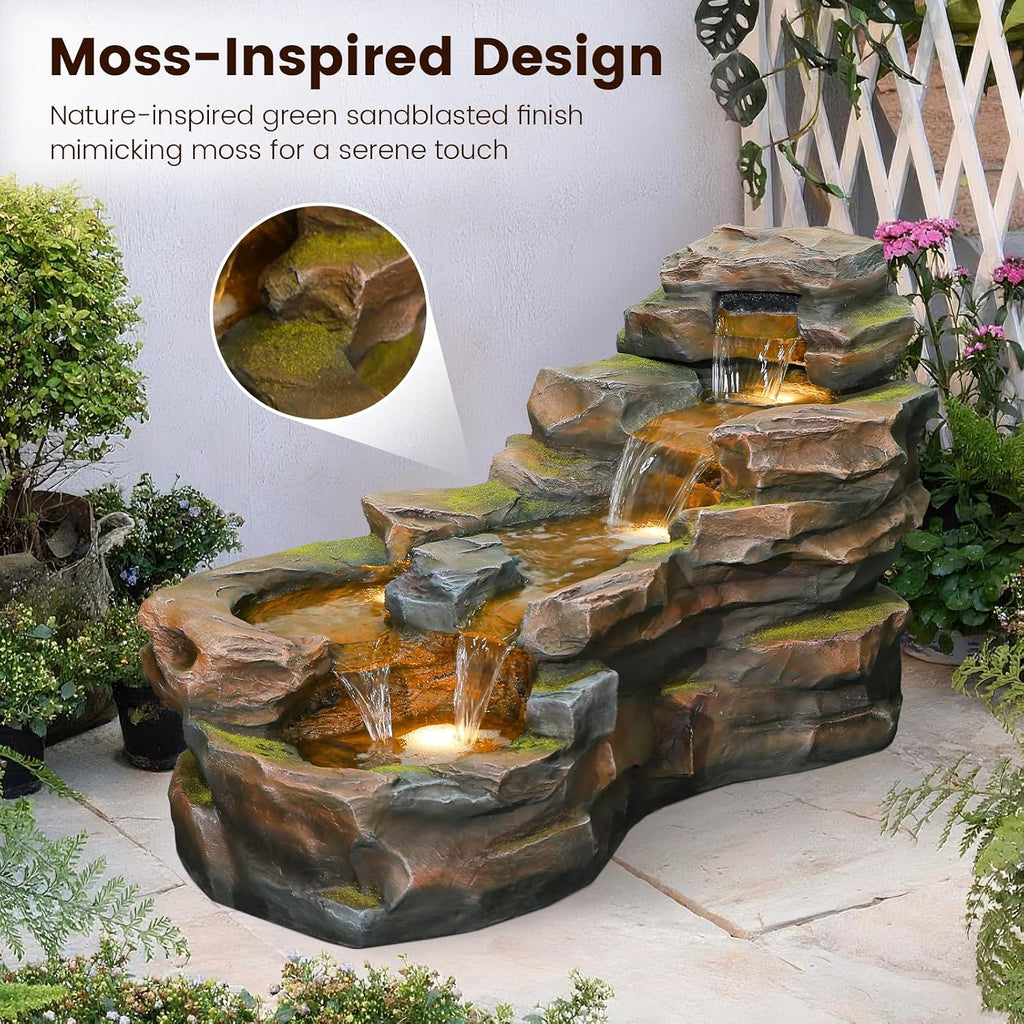 Water Fountain Outdoor Floor Standing 5-Tiers Rock Natural Waterfall Outdoor Garden Fountains with LED Lights