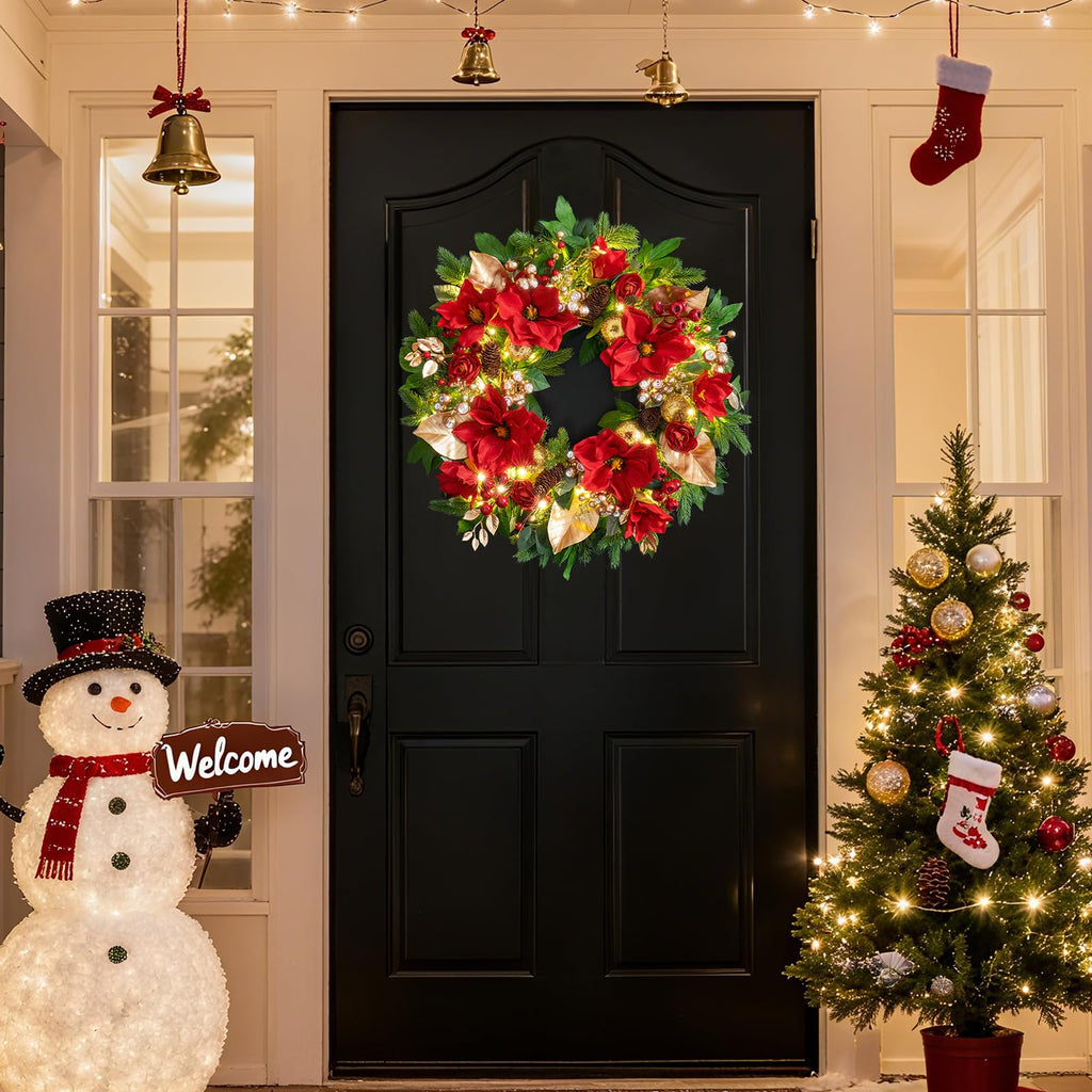 24 Inch Magnolia Christmas Wreath for Front Door, Christmas Wreath with LED Lights, Red Flowers, Red Berries