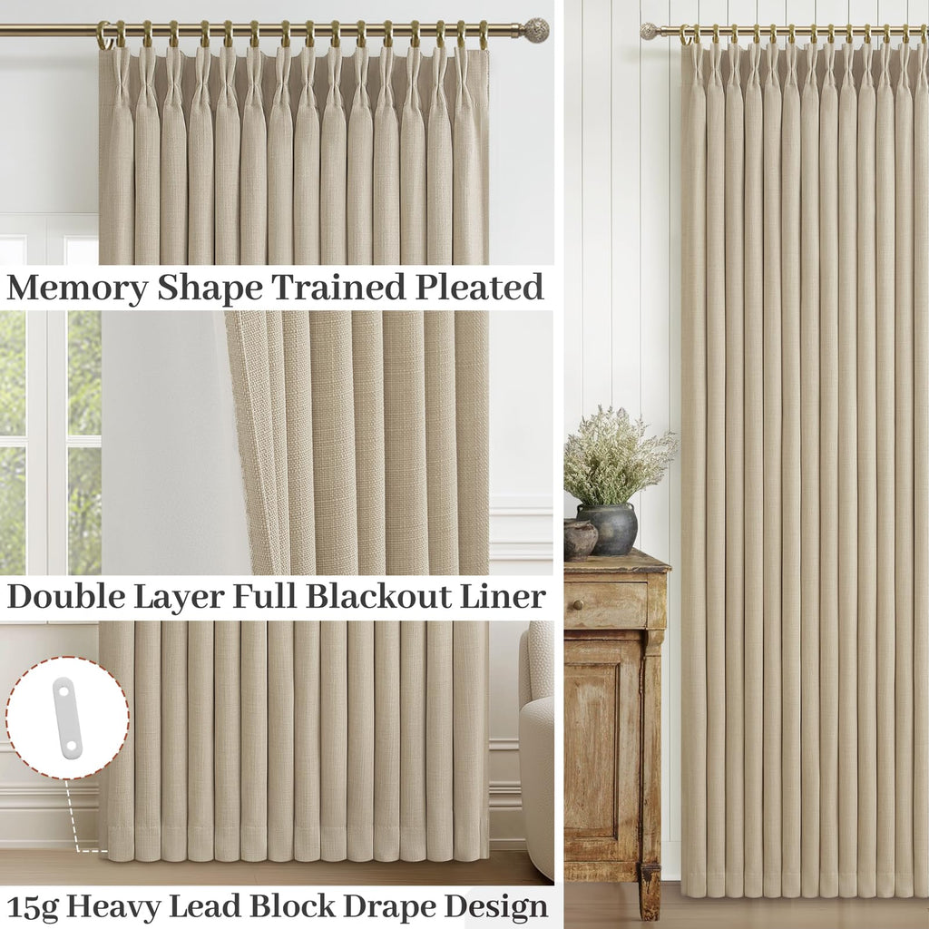 High Ceiling Room Darkening Natural Linen Curtains 108 Inches Long 2 Panels Set, Neutral Pinch Pleated Light Beige