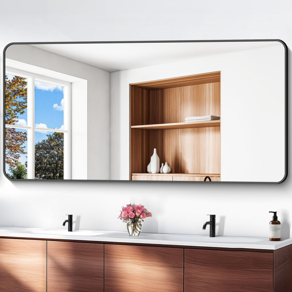72x36 inch Large Bathroom Mirror,Black Rectangle Mirror,Wall Mounted Bathroom Frame Vanity Mirror with Round Corner