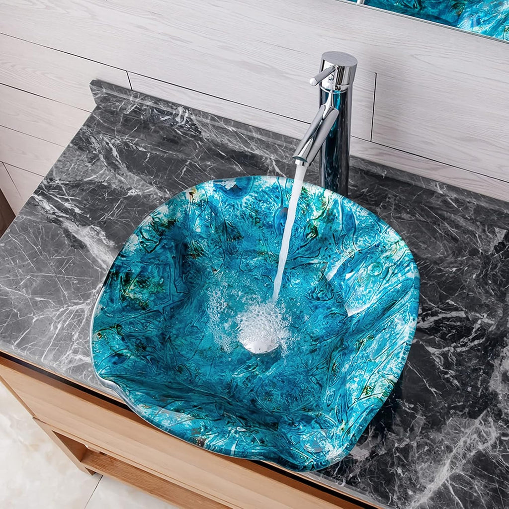 Bathroom Vessel Sinks Artistic Light Blue Tempered Glass Vessel Bowl Sink Counter Top Installation Bathroom Vanity