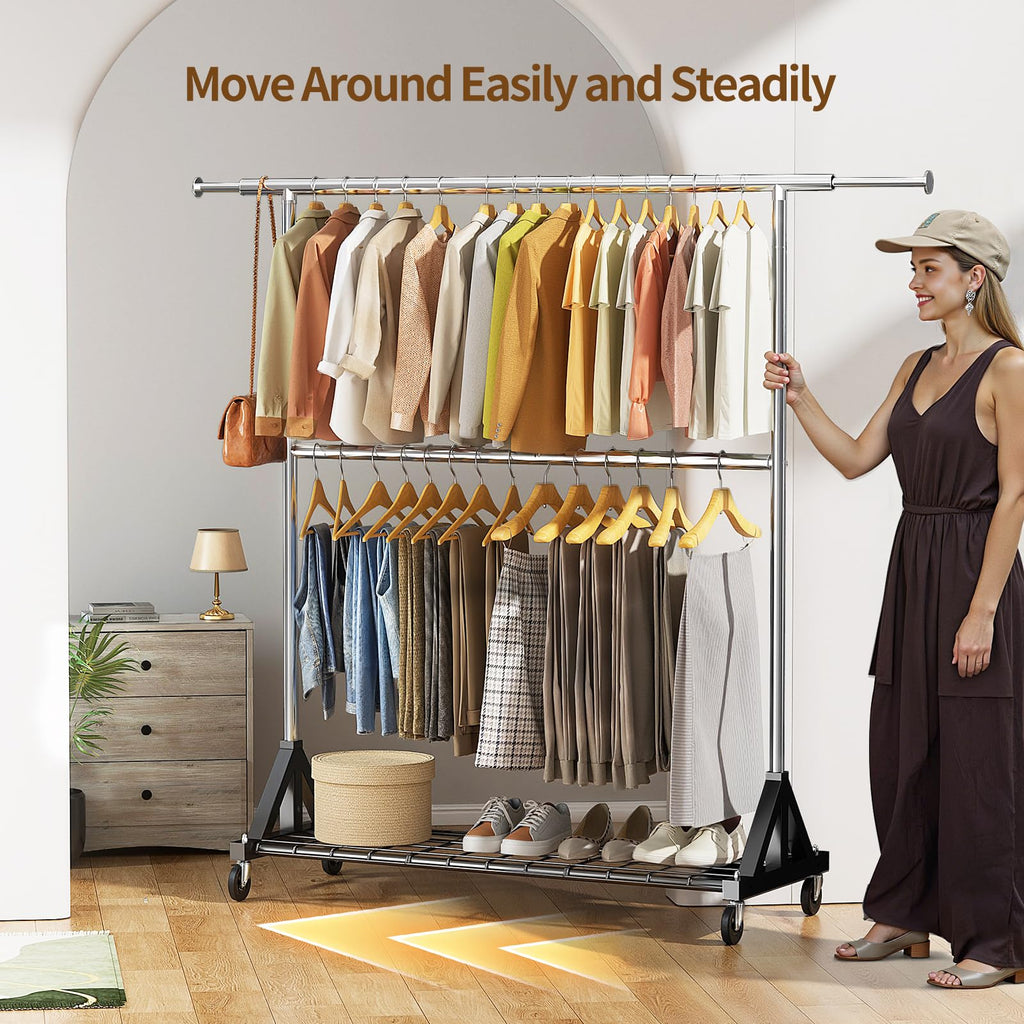 Heavy Duty Clothes Rack with Lockable Wheels Load 600 LBS, Silver