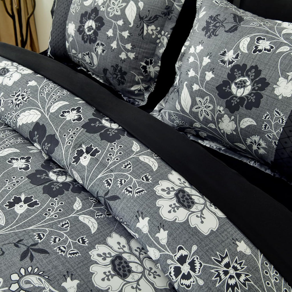 Black Comforter Set Queen, 7 Pieces Bed in a Bag Floral Geometric Patchwork Soft Microfiber Comforter Bedding Set with