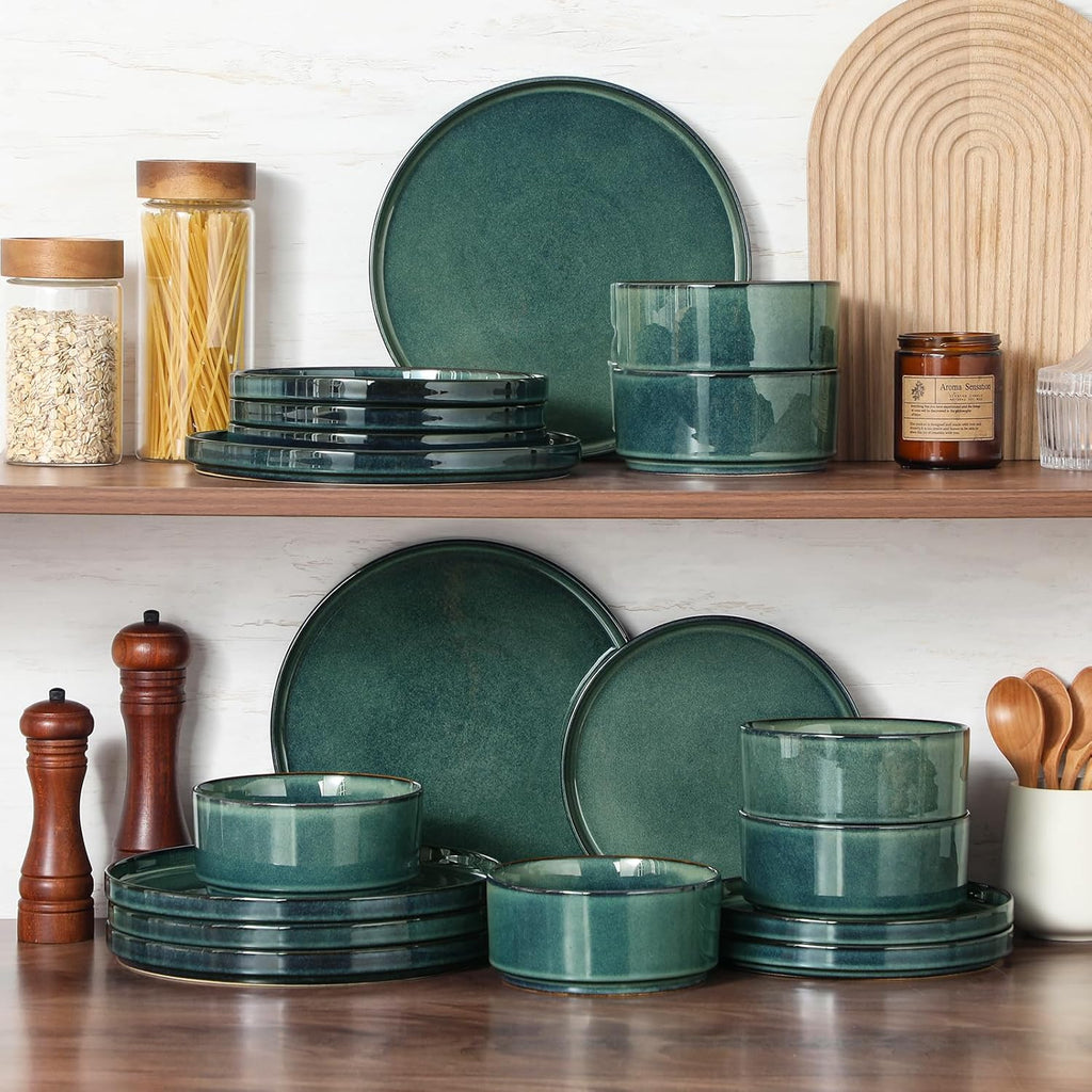 Plates and Bowls Sets for 6, 18 Pieces Green Dinnerware SetsModern Stoneware Dishes Set, Dishwasher and Microwave Safe