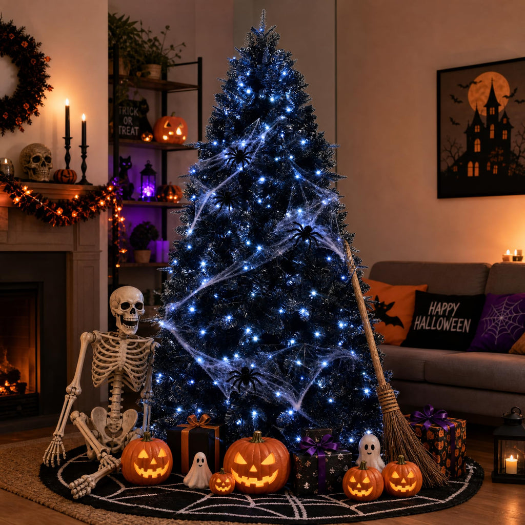 6FT Pre-Lit Black Christmas Tree with Cold White Lights for Halloween