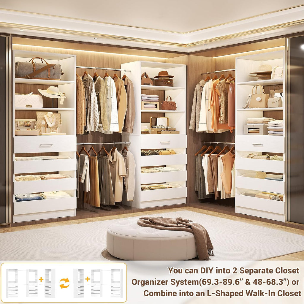 Closet System with 12 Drawers, 8.5-11.5Ft Wood Closet Organizer System with 4 Hanging Rods & 3 Towers, 4Ft & 6Ft