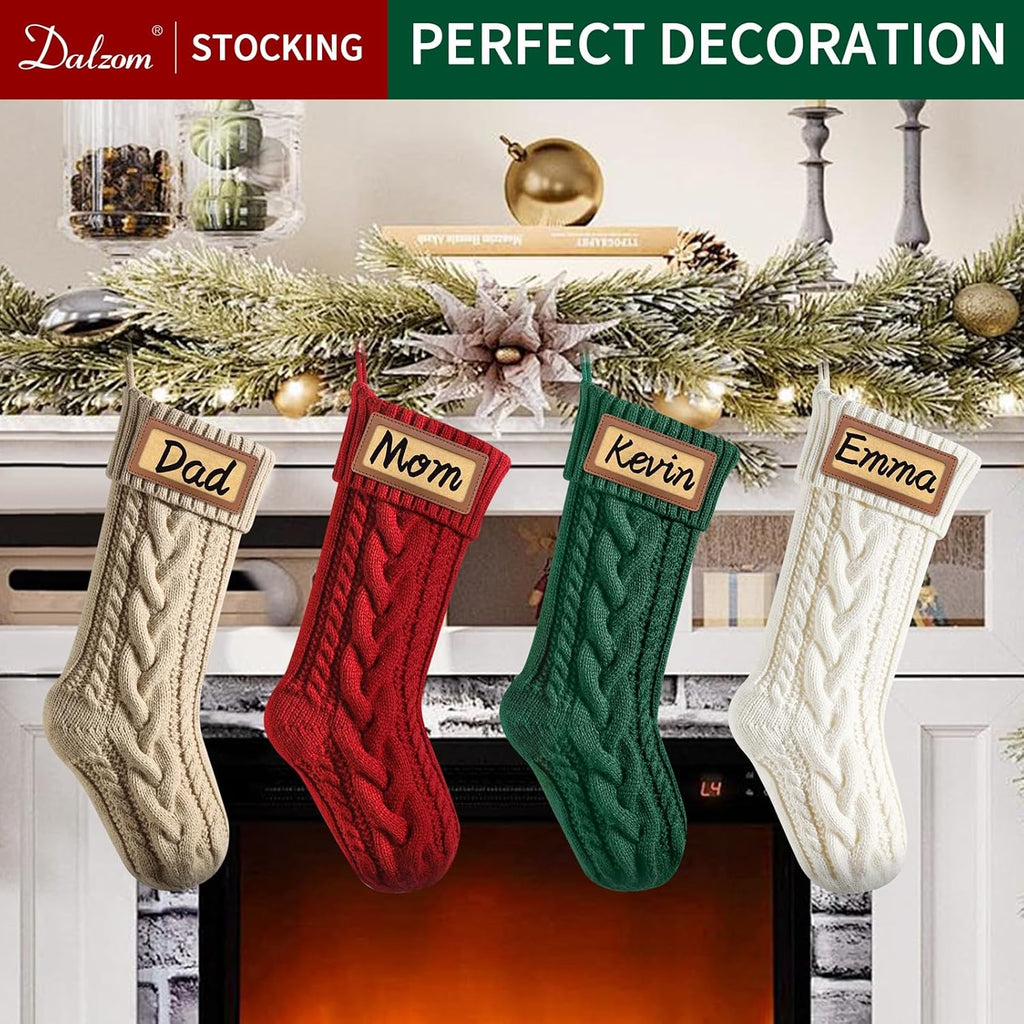 With Leather Patches Name, 18" Premium Large Knitted Christmas Stockings for Kids, Family, Holiday and Fireplace - Set of 4