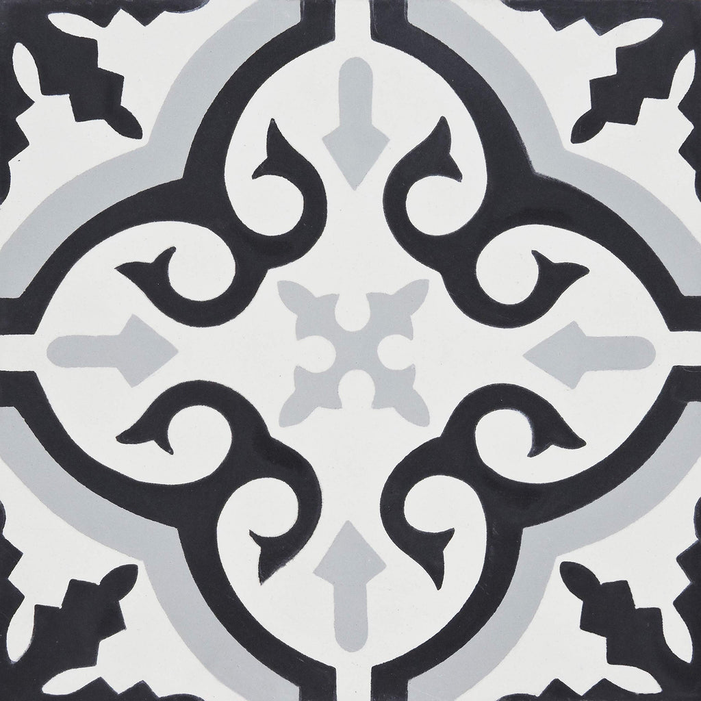 Argana Handmade Cement Tile in Black, Grey, White, 8"x8