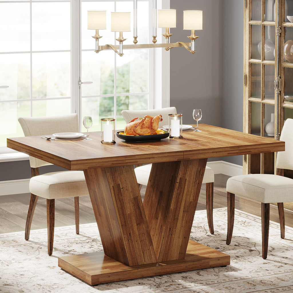 47-Inch Dining Table for 4, Walnut Brown Kitchen Dinner Table with Heavy Duty Pedestal, Farmhouse Wooden Eating Table
