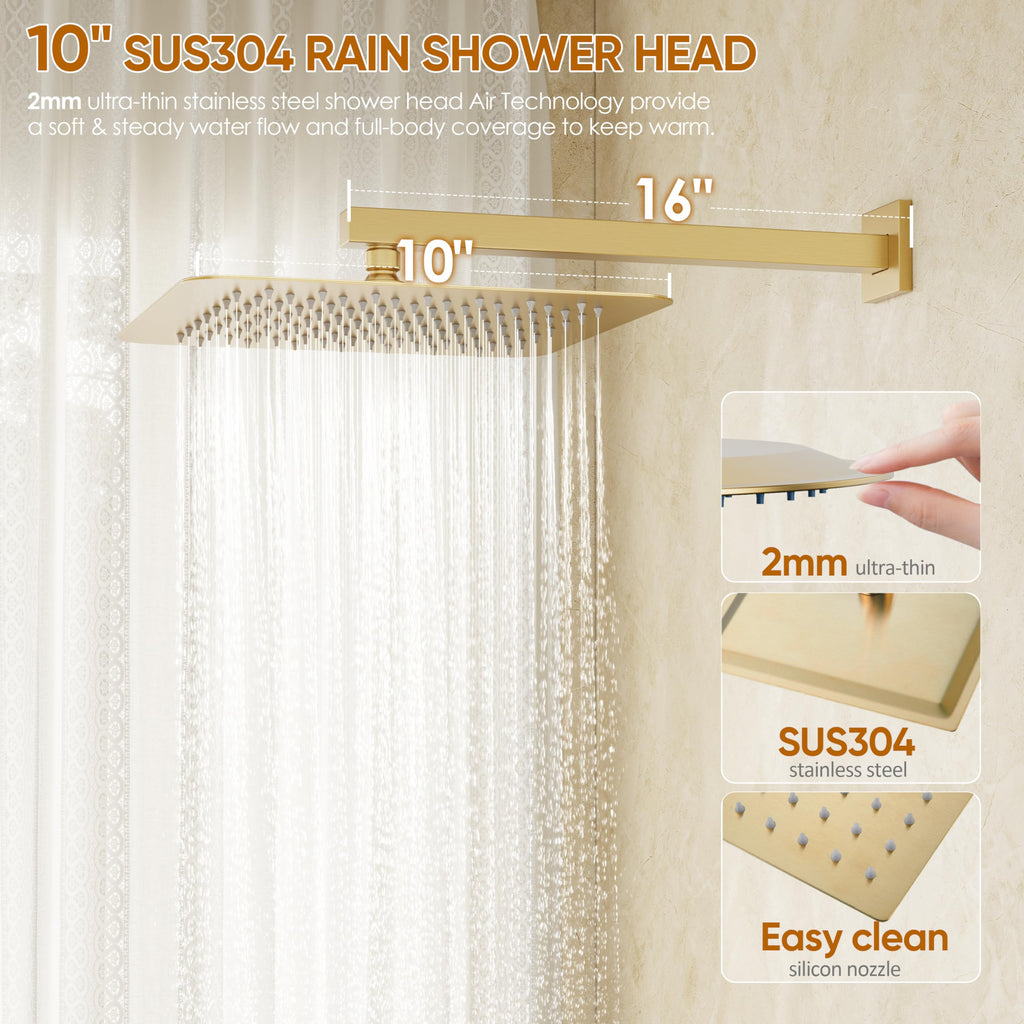 Gold Tub Shower System with 10" Rain Head, Handheld & Valve Kit