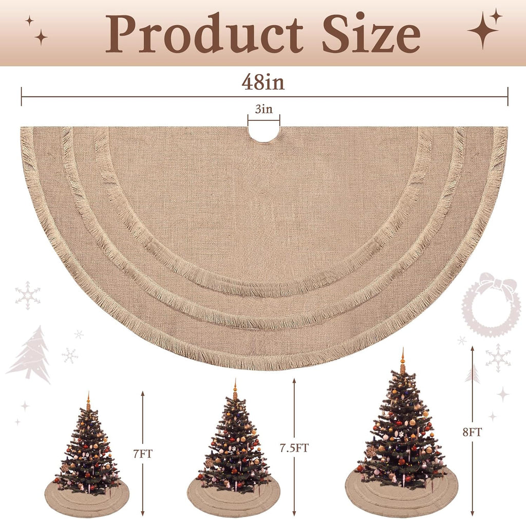 48" Burlap Christmas Tree Skirt with 3-Layer Tassel Design, Brown Rustic Farmhouse Jute Linen Large Fall Tree Skirt