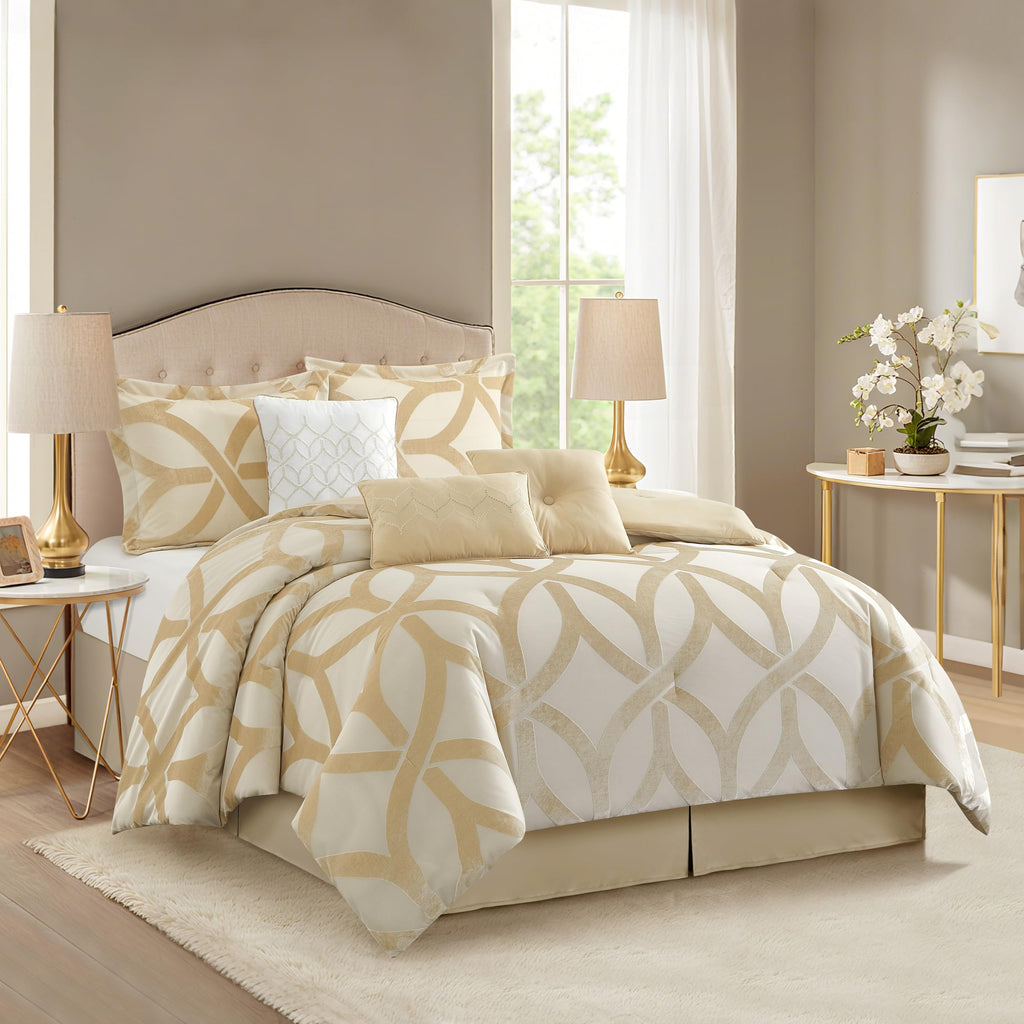 Gold Comforter Set King, Polyester Geometric 7 Piece Bedding, Jacquard with Matching Solid Microfiber Piece Work, All