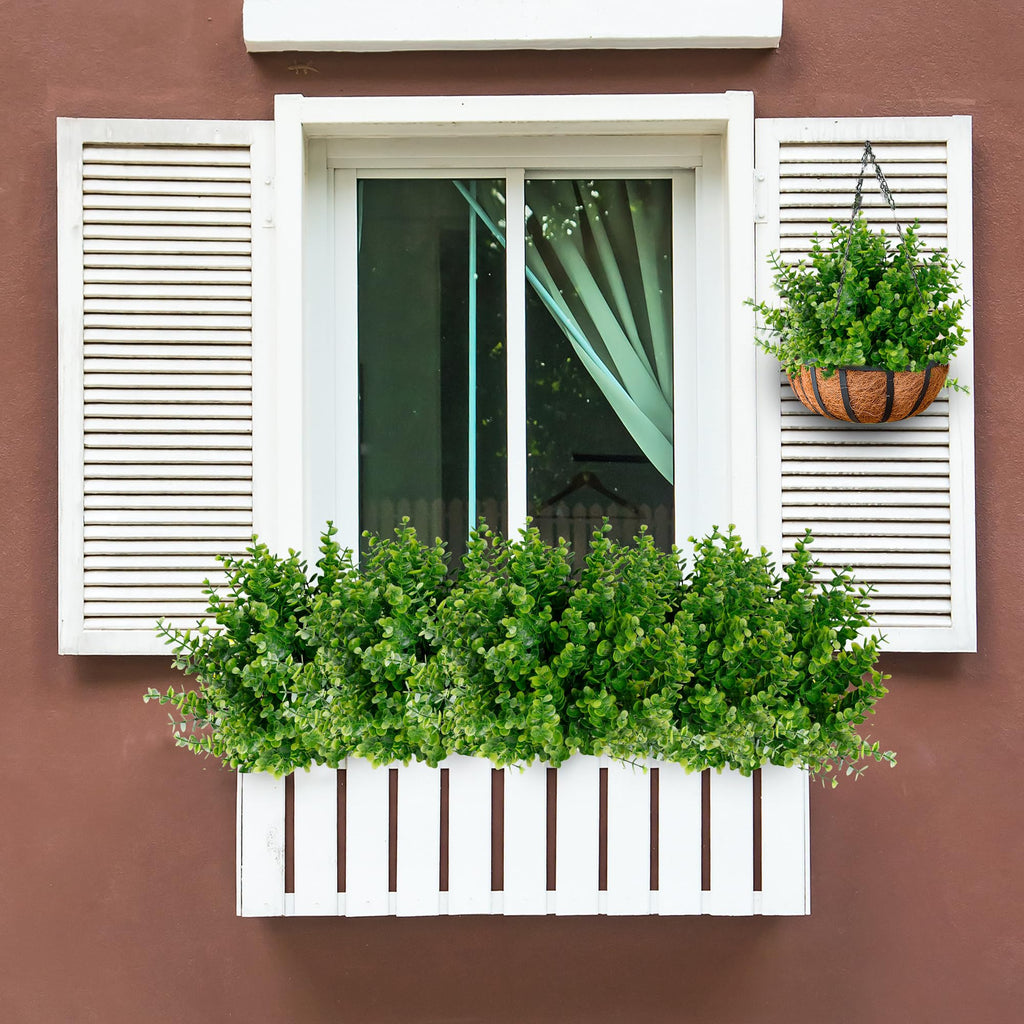 Artificial Flowers for Outdoors 24 Bundles UV Resistant Boxwood Shrubs Artificial Eucalyptus Fake Plants Faux Plastic