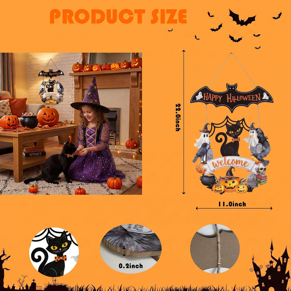 Halloween Decoration: Ghost Wood Door Sign, Spooky Wreath