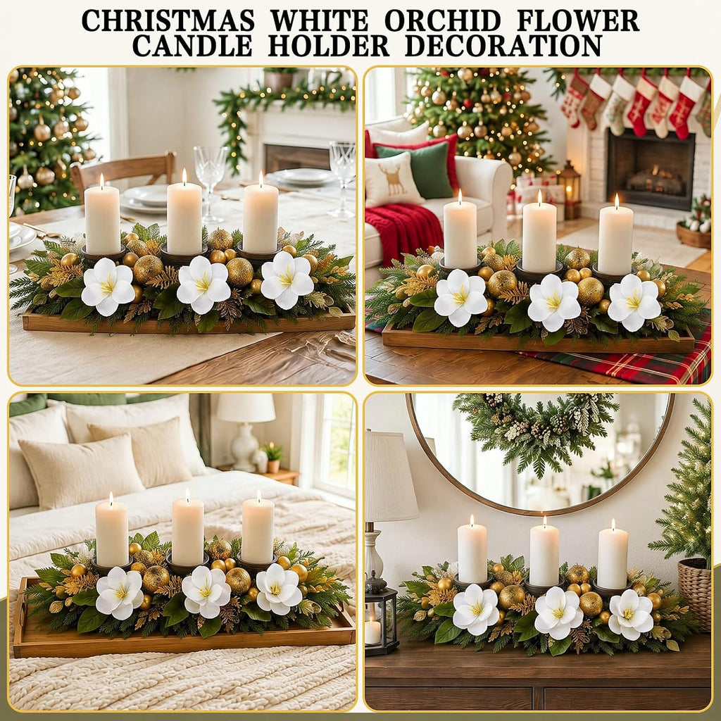 28 Inch Christmas Magnolia Centerpiece with 3 Candle Holders