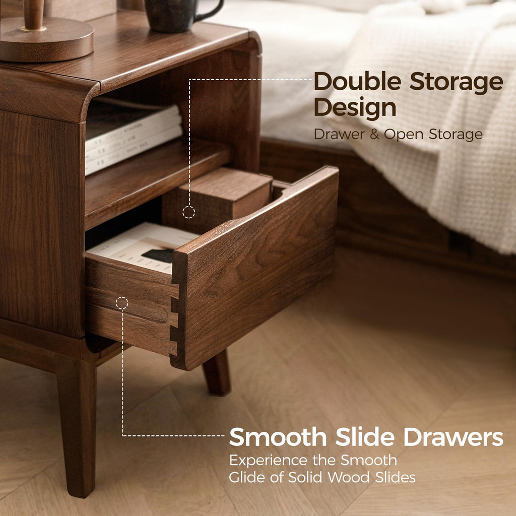 100% Solid Wood Nightstand, Walnut Night Stand with Drawer and Open Shelf, Mid Century Nightstand, Wooden